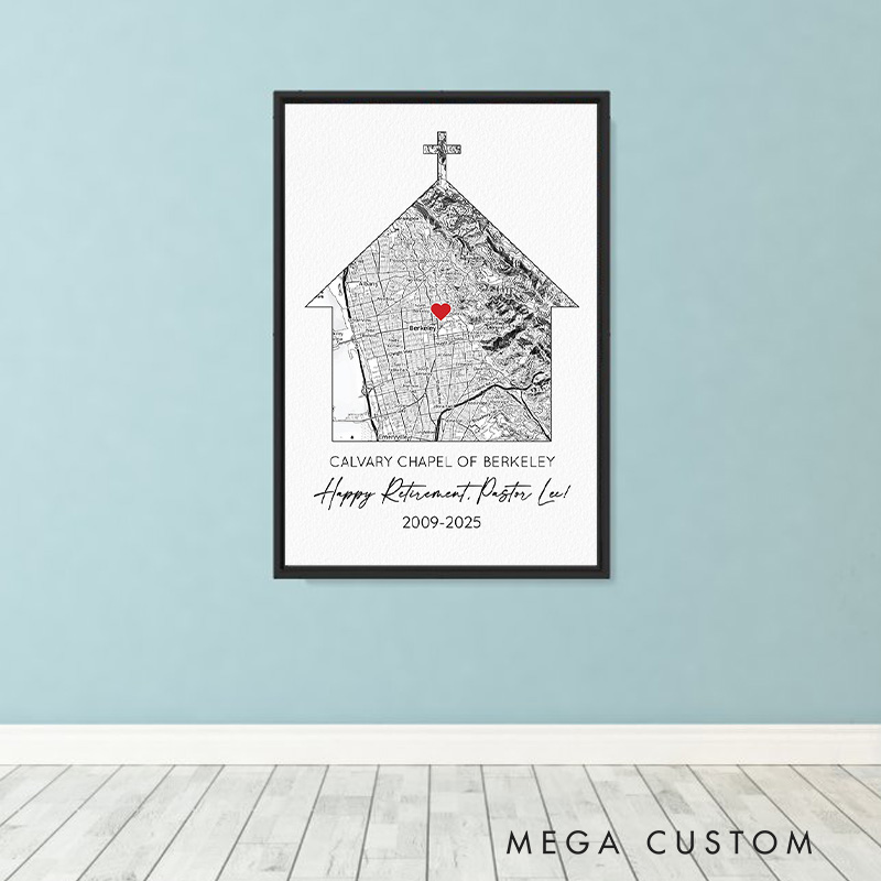 Personalized Map of Church Frameless Poster with Name and Year Wall Decor Pastor Appreciation Gift Priest Leaving Gift Retirement Installation Gift