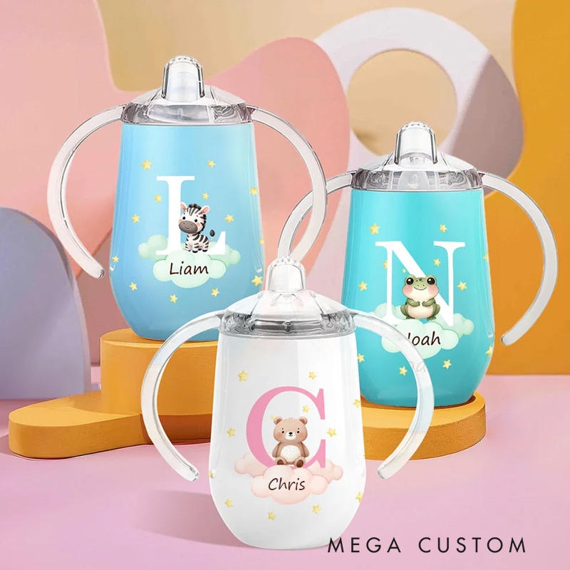 Personalized Initial Forest Animals Insulated Name Sippy Cup with Lid and Handle Birthday Baby Shower Back to School Gift for Toddler Kids