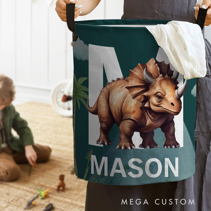 Personalized Cute Dinosaur Large Waterproof Name Initial Laundry Storage Basket with Handle Birthday Gift for Boys Girls