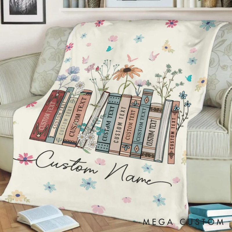 Personalized Floral Book Throw Blanket Custom Books and Name Library Blanket Bookish Blanket with Name Book Lover Gift Librarian Gift