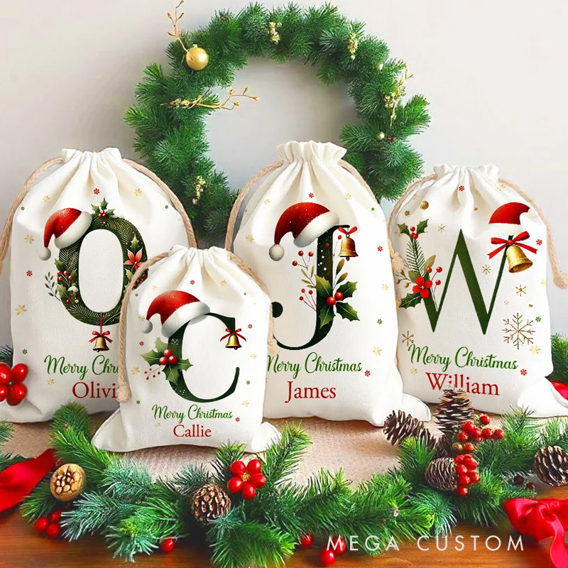 Personalized Bell Santa Hat Initial Drawstring Canvas Gift Bag with Name Text Christmas Party Gift 