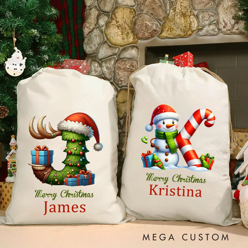 Personalized Christmas Tree Snowman Elf Igloo Drawstring Canvas Gift Bag with Name Initial Christmas Party Favors Gift