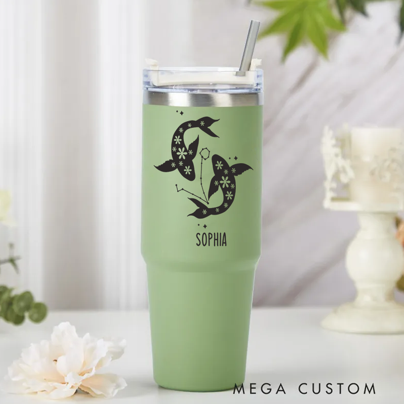 Personalized Stainless Steel Cup with Straw Custom Insulated Tumbler With Zodiac Signs Custom Insulated Tumbler With Name Birthday Gift