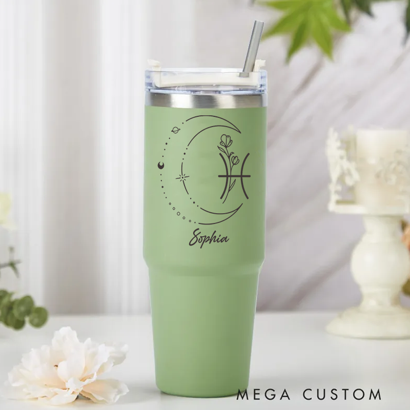 Personalized Stainless Steel Cup with Straw Custom Insulated Tumbler With Zodiac Signs Custom Insulated Tumbler With Name Birthday Gift