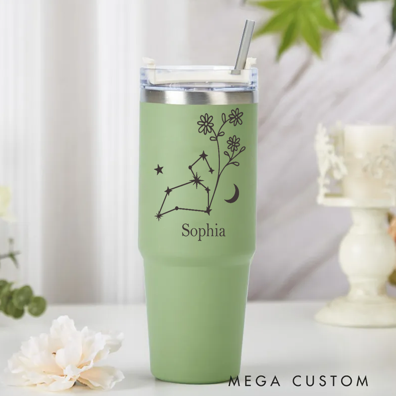 Personalized Stainless Steel Cup with Straw Custom Insulated Tumbler With Zodiac Signs Custom Insulated Tumbler With Name Birthday Gift