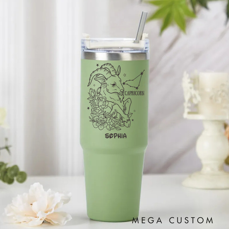 Personalized Floral Zodiac Iced tainless Steel Cup with Straw Custom Insulated Tumbler With Name Birthday Gift Horoscope Cups Astrology