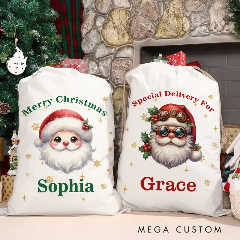 Personalized Cute Cartoon Santa Claus Star Drawstring Gift Bag with Name and Text Christmas Gift 
