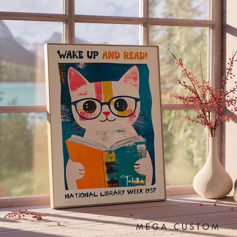 Personalized Wake Up and Read Print with Name National Library Wall Art Cat Reading Poster Book Lover Office Home Decor Book Lover Gift