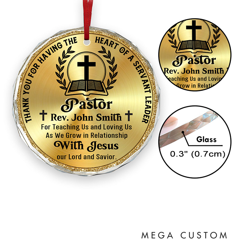 Personalized Thank You for Having the Heart of a Servant Leader Round Shaped Glass Ornament with Name Tree Decoration Appreciation Gift for Pastor
