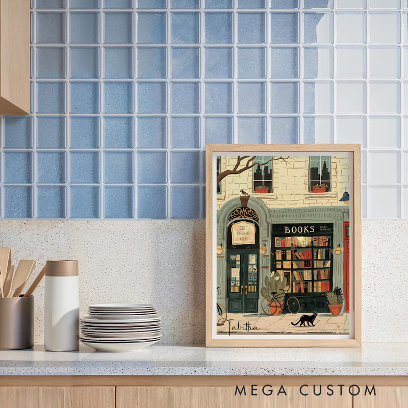 Personalized Bookstore Wall Print with Name Cozy Bookshop Illustration Wall Art Library Wall Decor Reading Nook Poster Book Lover Gift