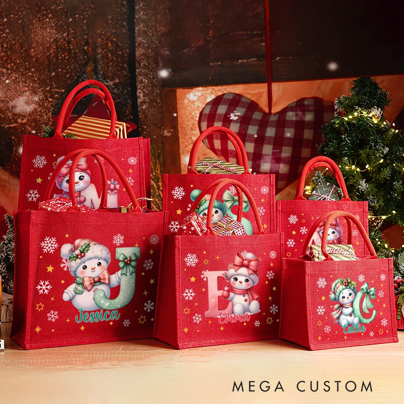 Personalized Cute Cartoon Snowman Large Jute Tote Bag with Name and Initial Party Favors Christmas Gift