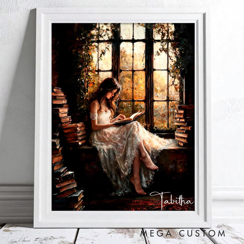 Personalized Vintage Victorian Woman Reading Print with Name Dark Academia Library Wall Art Print Bookish Wall Decor Book Lover Gift