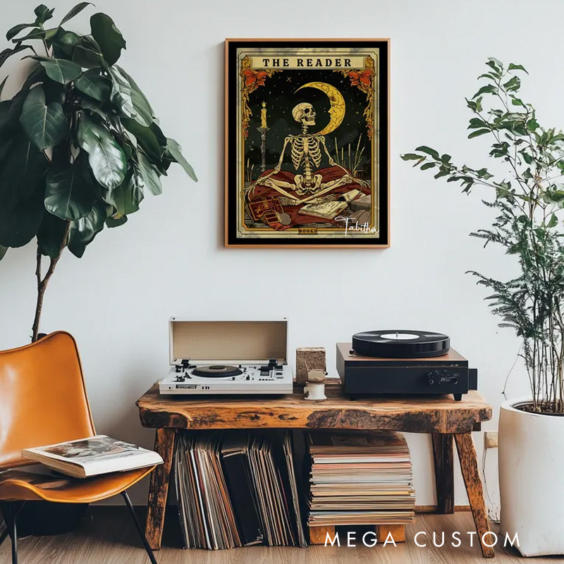 Personalized the Reader Tarot Print with Name Skeleton Reader Tarot Card Wall Art Witchy Reading Nook Art Book Lover Gift Bookish Gift