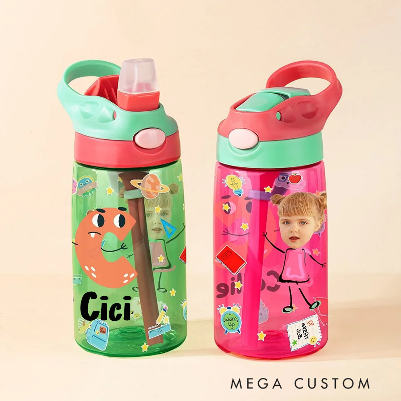 Personalized Colorful Cartoon Photo Name 16oz Kid's Water Bottle with Silicone Straw and Handle Birthday Back to School Gift for Boys Girls