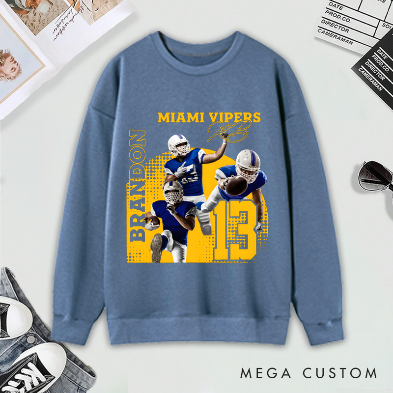 Personalized American Football Sweatshirt with Custom Photo, Name, Team Name, and Number Design