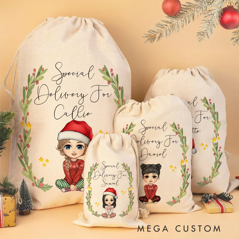 Personalized Cartoon Character Special Delivery Christmas Sack Drawstring Treat Bag with Name Christmas Party Favor Gift 