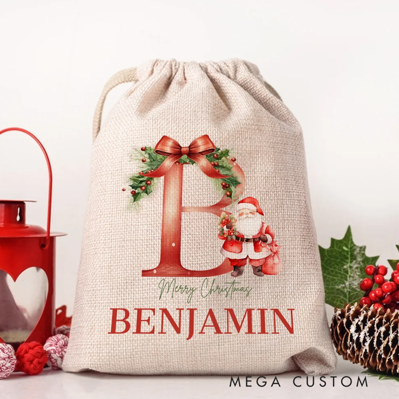 Personalized Santa Initial Merry Christmas Sack Drawstring Treat Bag with Name Christmas Party Favor Gift