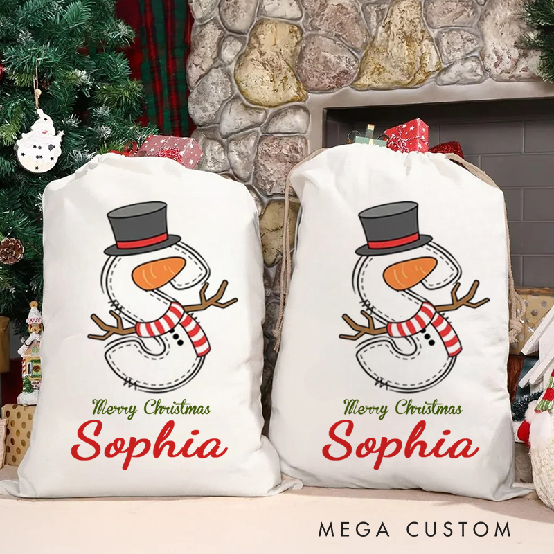 Personalized Cartoon Snowman Initial Santa Sack Drawstring Gift Bag with Name Merry Christmas Party Favors 