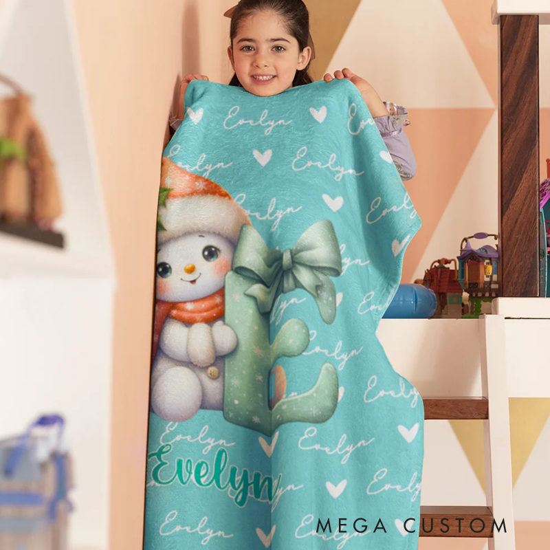 Personalized Santa Hat Snowman Initial Word Cloud Soft Throw Blanket with Name Home Decor Christmas Gift