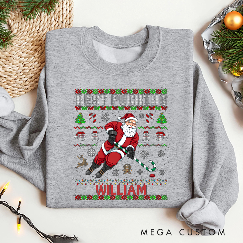 Personalized "Best Pucking" Hockey Christmas Sweater with Custom Name