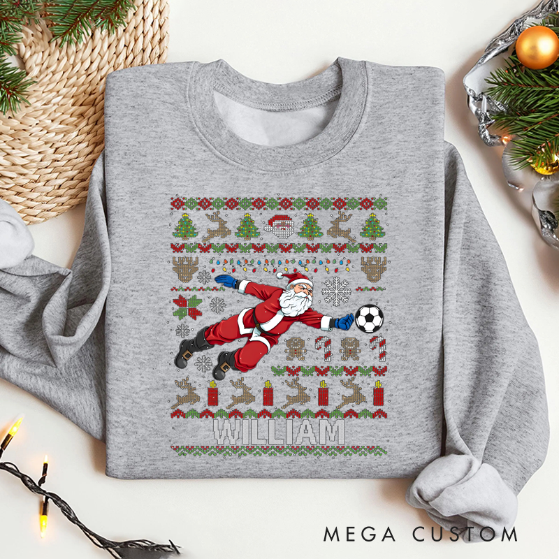 Personalized Soccer Christmas Sweater with Santa Design and Custom Name