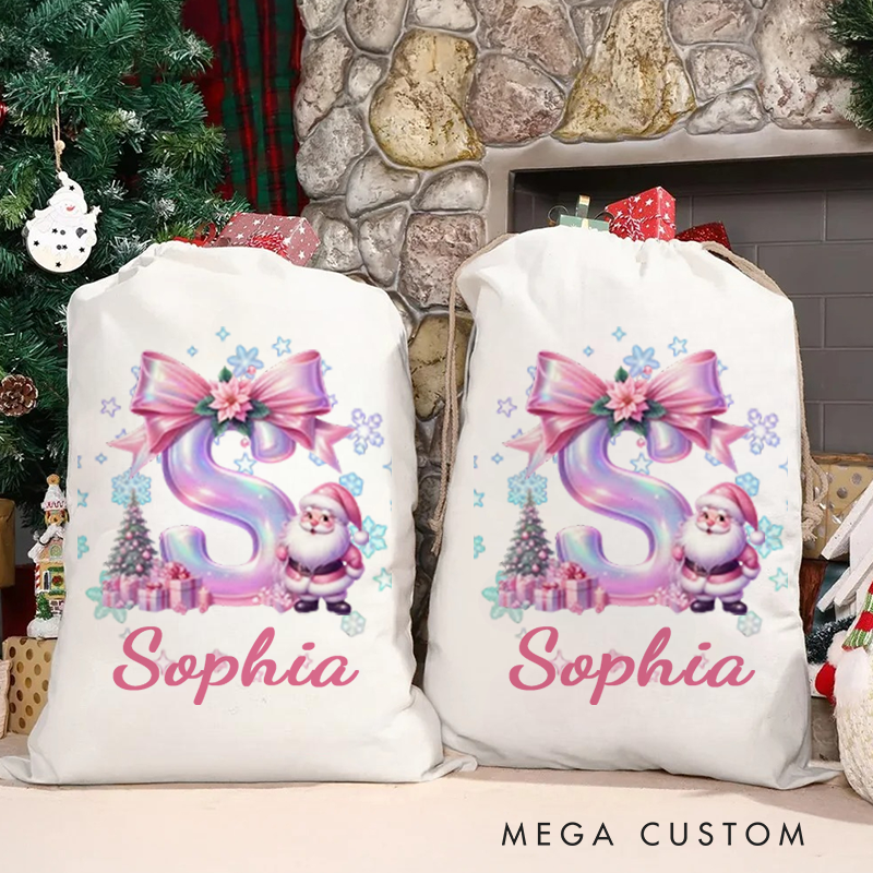 Personalized Christmas Cartoon Character Christmas Sack with Glitter Pink Bow Initial and Name Christmas Gift