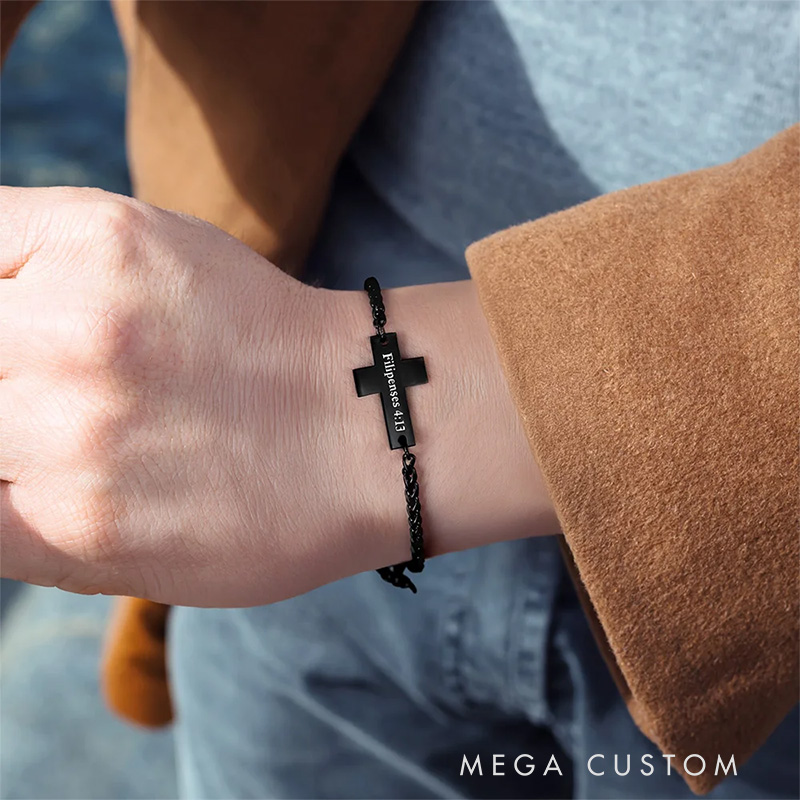 Personalized Cross Pendant Bracelet with Engraved Text Religious Jewelry Baptism Prayer Birthday Gift for Christians