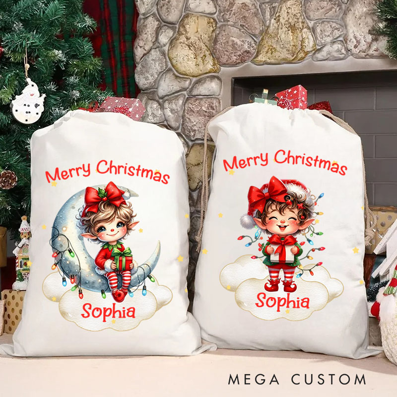 Personalized Dreamy Christmas Elf Moon Cloud Christmas Bag Name and Christmas Gift for Baby Kid