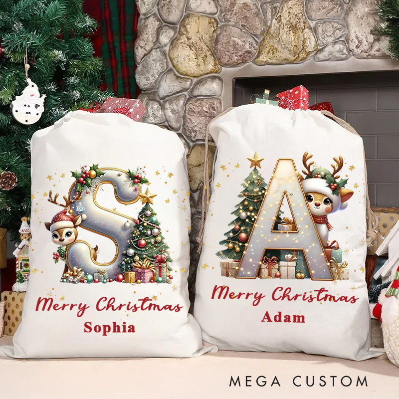 Personalized Initial Christmas Bag with Festive Tree and Reindeer Design Featuring Name for Holiday Fun