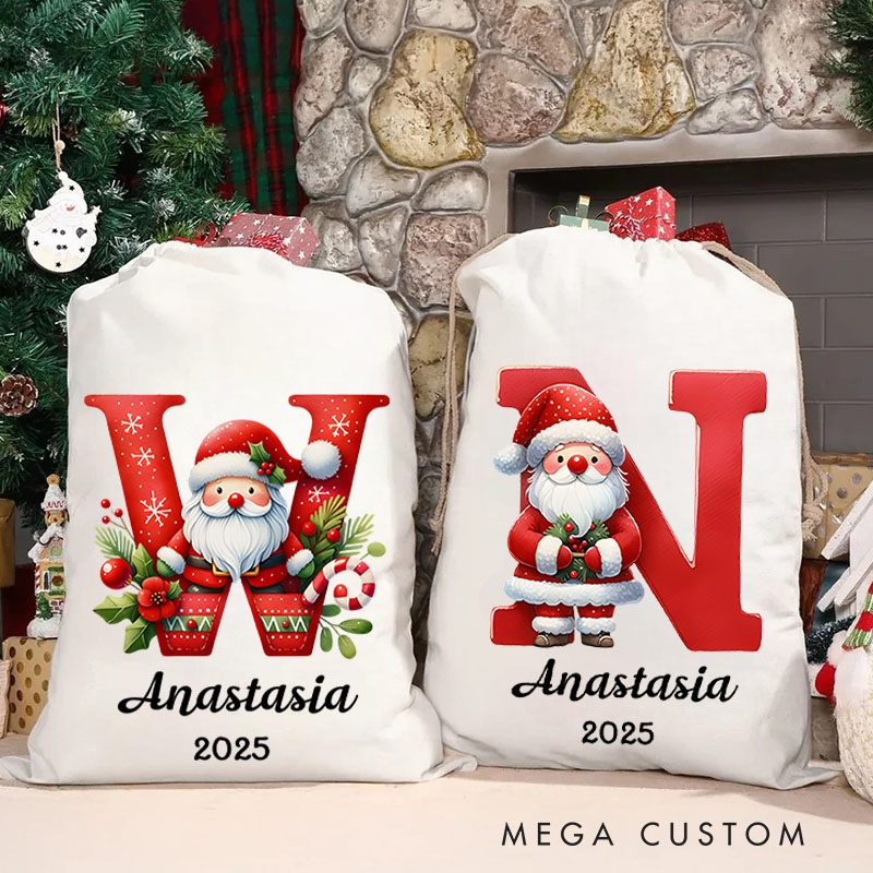 Personalized Santa and Candy Cane Christmas Bag with Initial and Name for a Festive Holiday Season