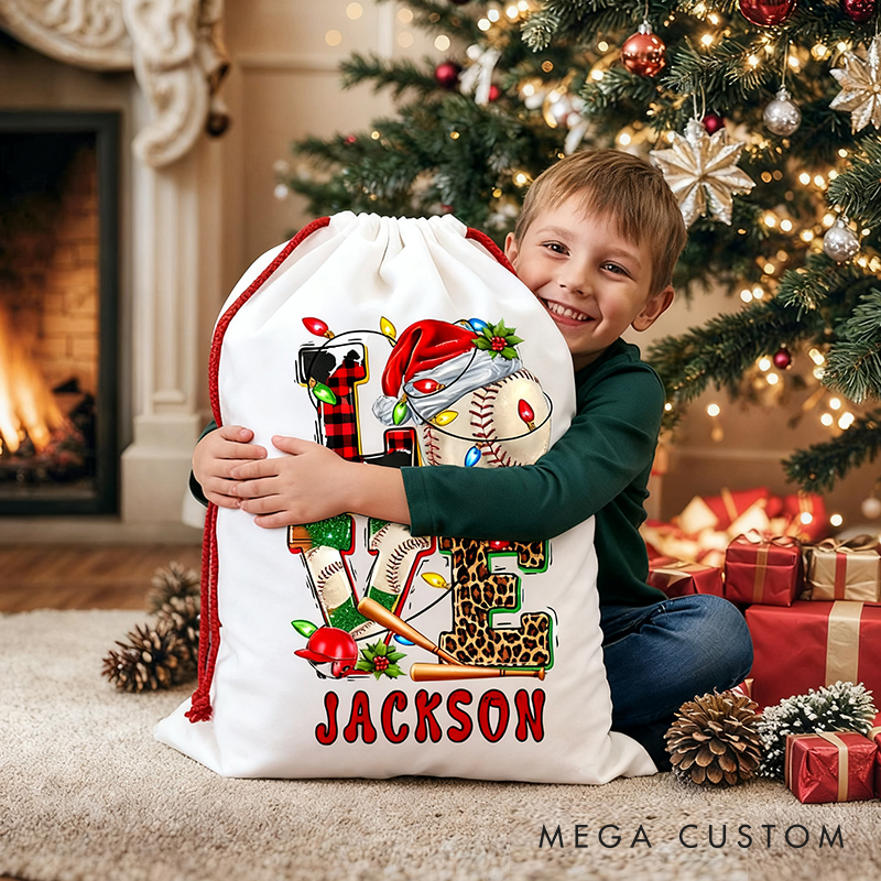 Personalized "Love Baseball" Christmas Sack with Custom Name Design