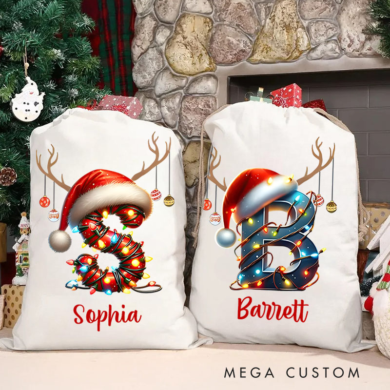 Personalized Santa Hat Initial Christmas Bag with Festive Lights and Name for Holiday Fun