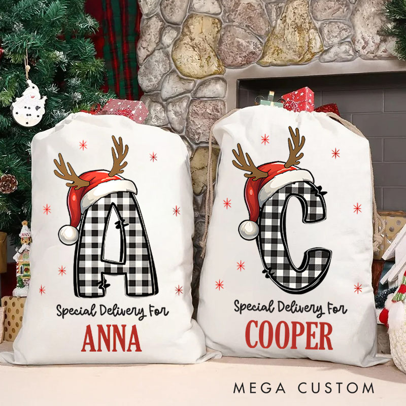 Personalized Plaid Initial Christmas Bag with Reindeer Antlers and Name for a Special Holiday Delivery