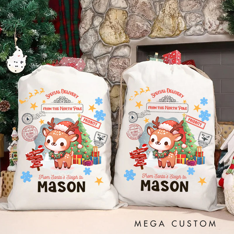 Personalized Deer and Snowflakes Christmas Bag with Name for a Festive and Joyful Celebration
