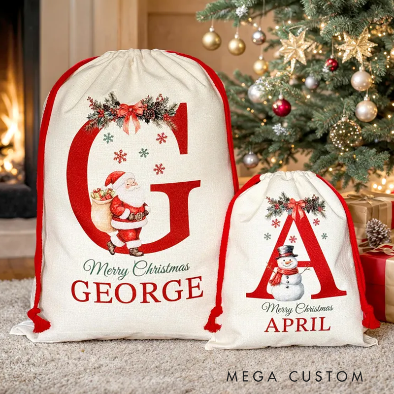 Personalized Santa Christmas Sack Custom Initial Name Christmas Sacks Large Letter Christmas Eve Bag Christmas Gift Bag