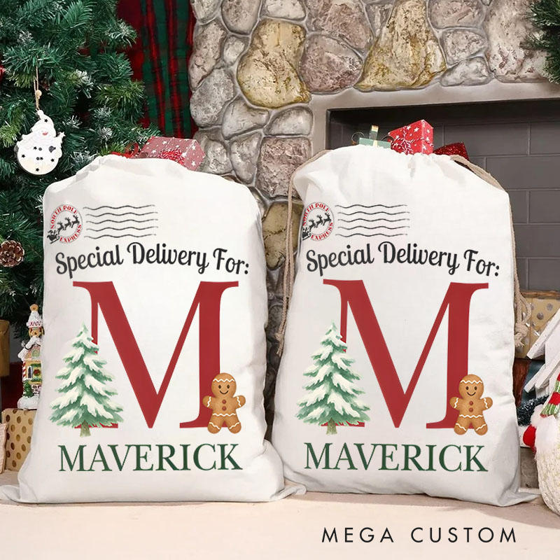 Personalized Festive Initial Christmas Bag with Gingerbread and Tree Featuring Name for a Special Delivery