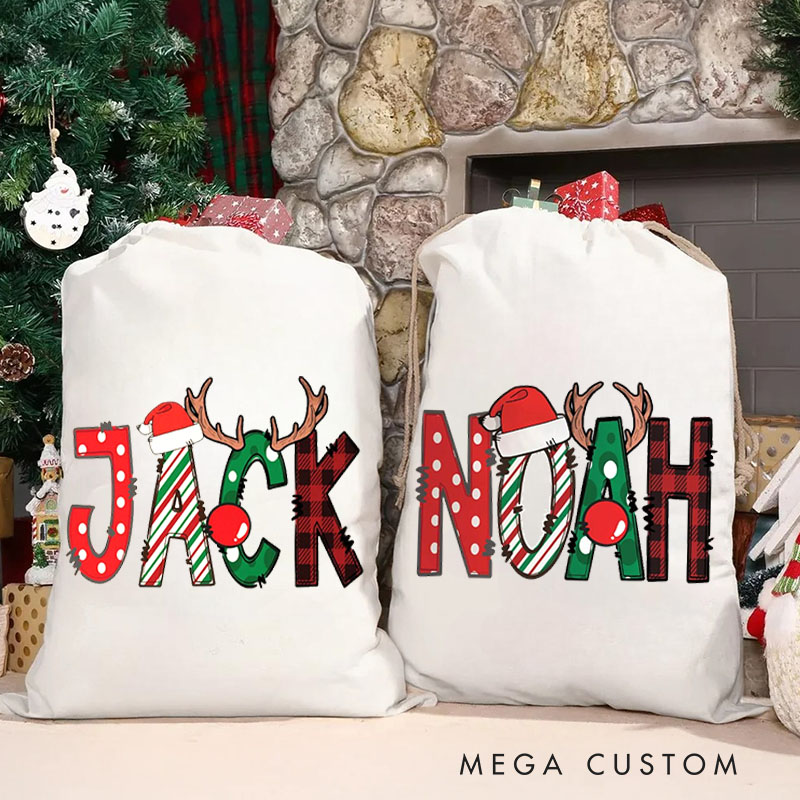 Personalized Festive Name Christmas Bag with Santa Hat and Reindeer Antlers for Holiday Cheer
