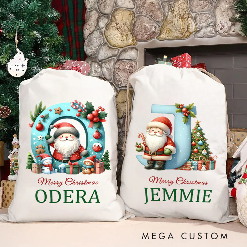 Personalized Santa Initial Christmas Bag with Festive Ornaments and Name for a Merry Celebration