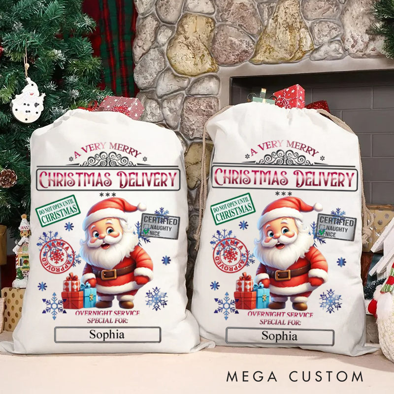 Personalized Santa Express Delivery Christmas Bag with Festive Stamps and Name for a Magical Holiday Gift