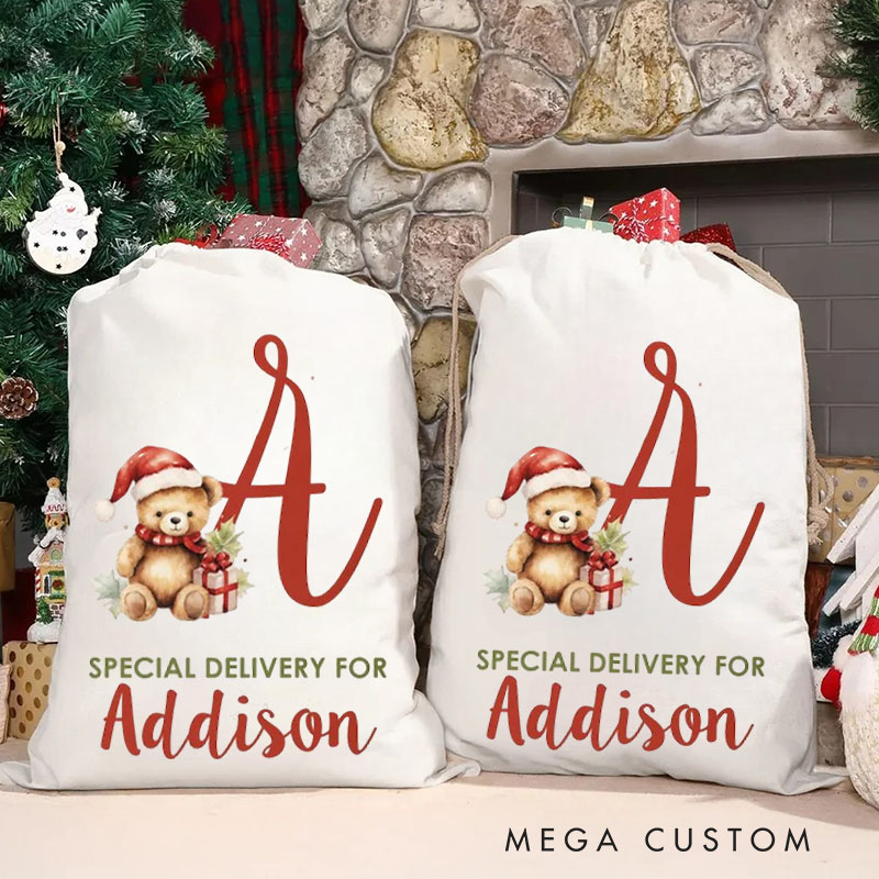 Personalized Teddy Initial Christmas Bag with Santa Hat and Name for a Special Holiday Delivery