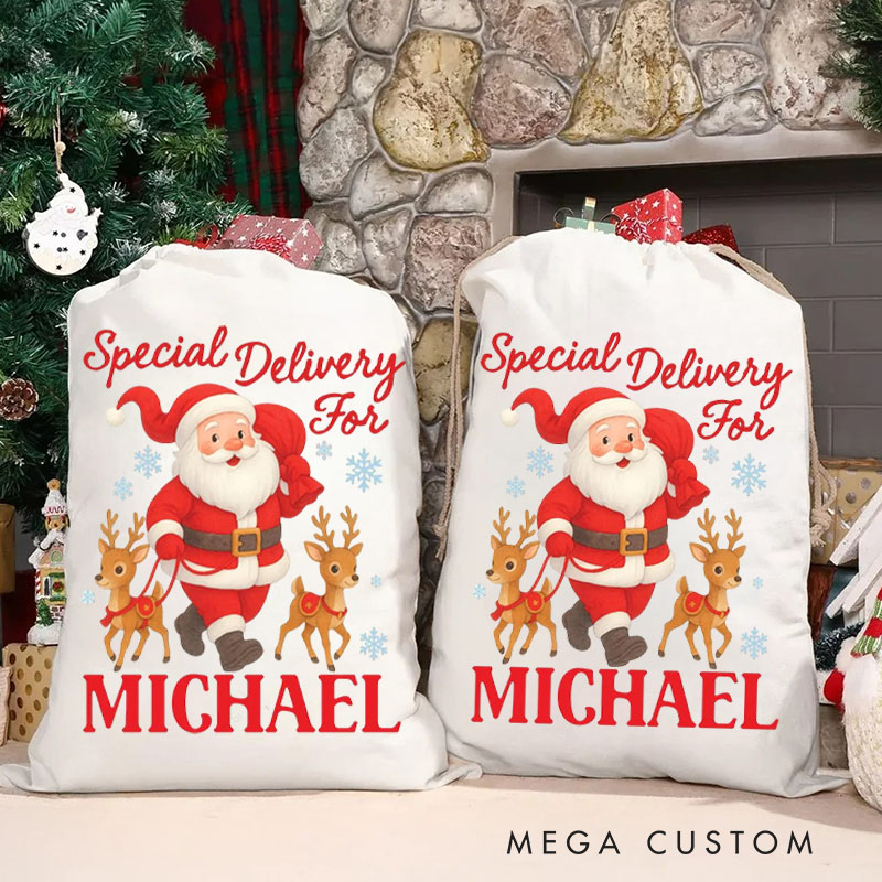 Personalized Santa and Reindeer Christmas Bag with Special Delivery Message and Name for a Festive Holiday