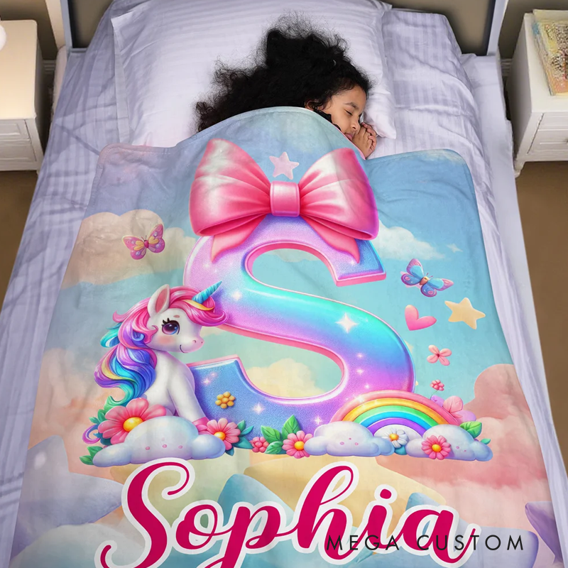 Personalized Bow Fantasy Unicorn Soft Throw Blanket with Name Birthday Gift for Unicorn Lovers