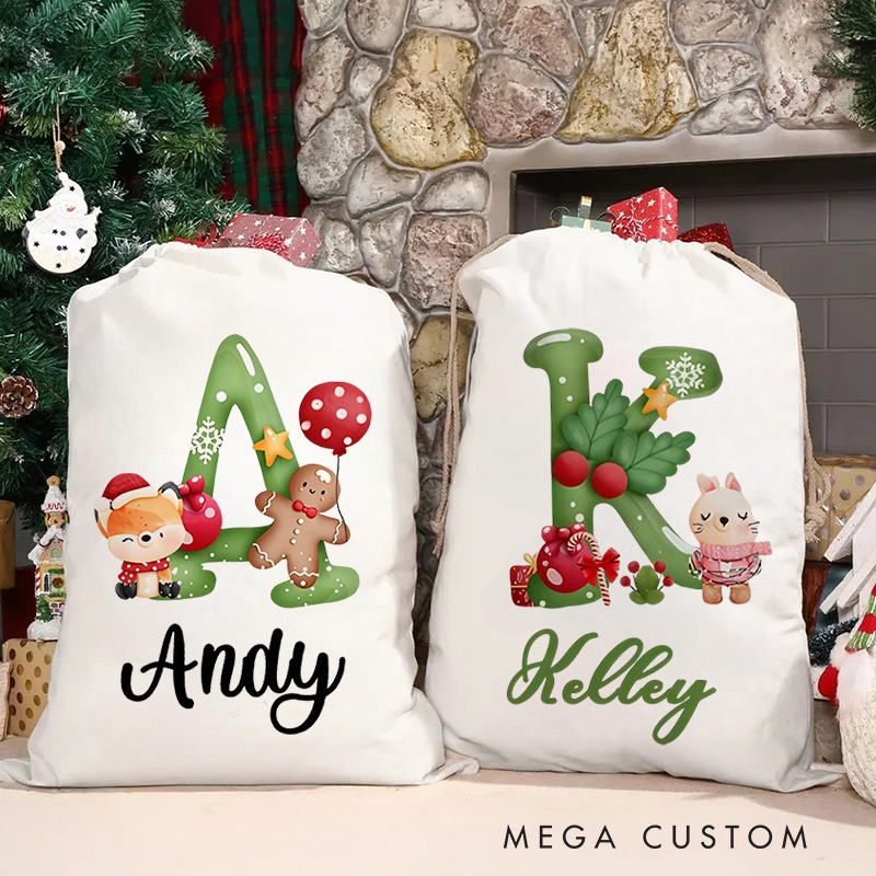 Personalized Christmas Animal Alphabet Linen Drawstring Bag for Gift Wrapping Party Favors