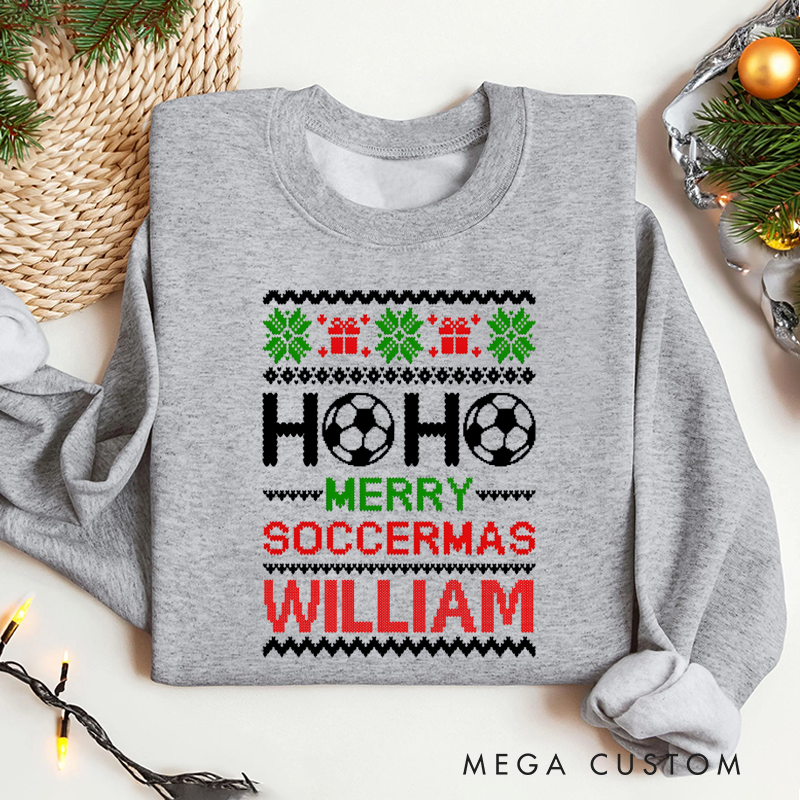 Personalized Soccer Christmas Sweatshirt with Festive Design and Custom Name