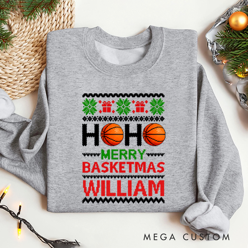 Personalized Basketball Christmas Sweatshirt with Festive Design and Custom Name
