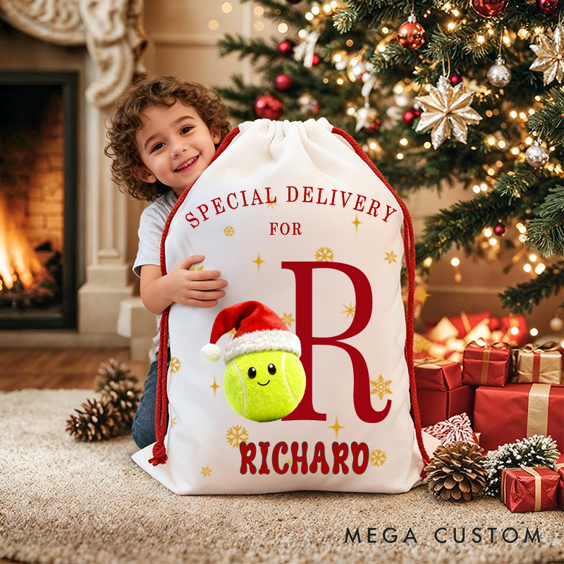 Personalized "Special Delivery" Christmas Sack with Sporty Santa Hat Design and Initials and Sport Icon