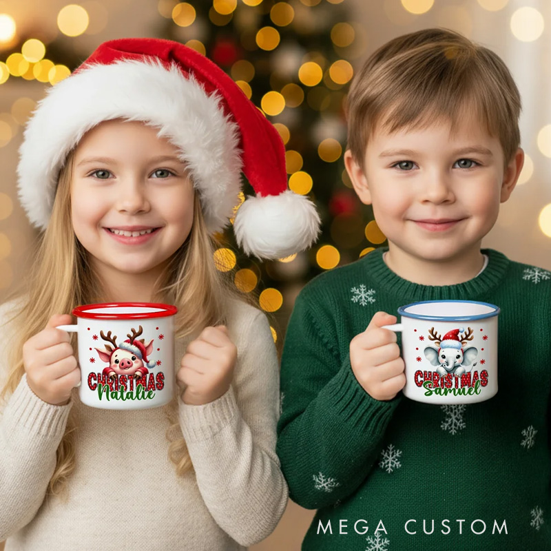 Personalized Christmas Santa Hat Cute Animal 12 oz Multicolor Enamel Mug with Name Christmas Gift