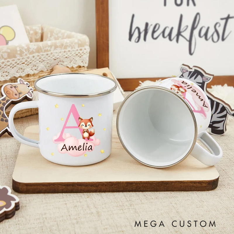 Personalized Cute Bear Dinosaur Cartoon Forest Animal 12 oz Colored Rim Enamel Mug with Initial and Name Birthday Gift