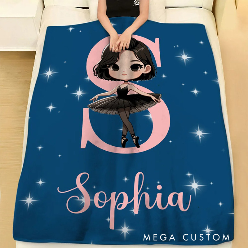 Personalized Cartoon Swan Lake Ballet Girl Stars Blanket Flannel Blanket Ballet Lover Blanket with Name for Dance Lovers Dancer