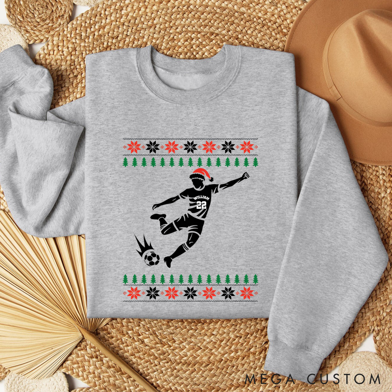 Personalized Soccer Player Christmas Sweatshirt with Festive Design and Custom Name